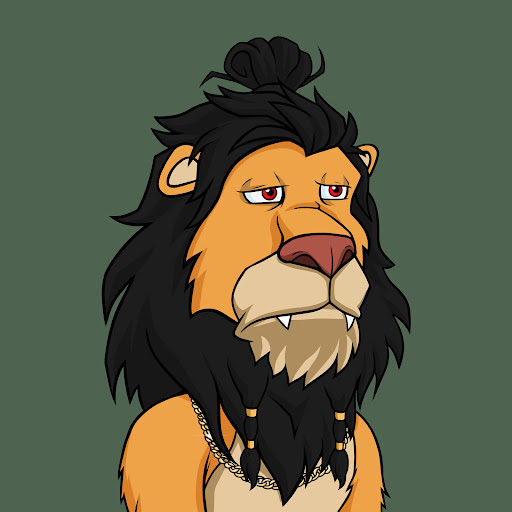 A cartoon illustration of a lion with a black mane styled in a top knot, red eyes, and wearing a gold chain necklace, set against a green background.
