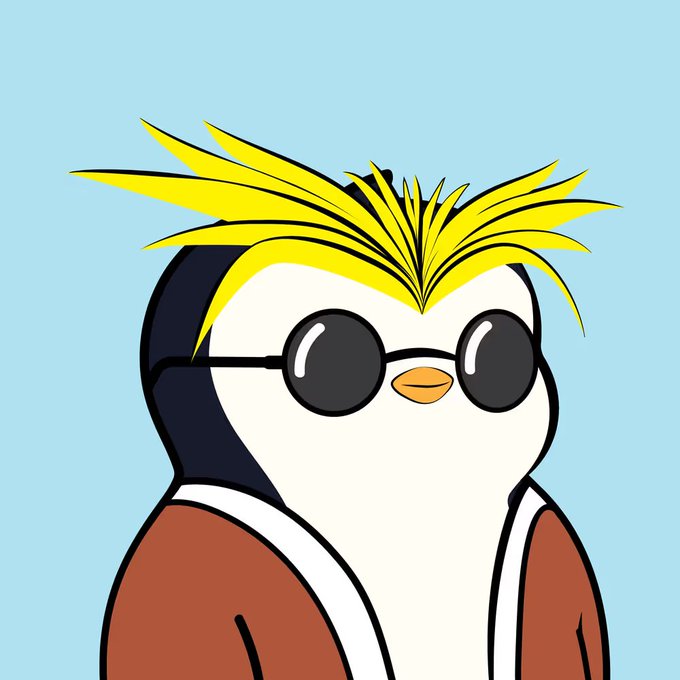 A cartoon penguin with spiky yellow hair and round black sunglasses is shown against a light blue background, matching the post's announcement about buying a new Pudgy Penguins NFT.