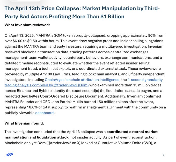 The image shows a news article titled "The April 13th Price Collapse: Market Manipulation by Third-Party Bad Actors Profiting More Than $1 Billion" written by @MANTRA_chain, which was published on April 13 at 5pm. The author has shared the details of this event with everyone who read their posts in the past month. 
The text seems to describe a recent event or situation where third-party actors took advantage of the market's collapse and manipulated prices for their gain. It could be related to cryptocurrency, ICOs, or any other form of digital currency trading activity. The information shared is based on months of legal, forensic, and onchain analysis conducted by @MANTRA_chain over a period spanning from April 1st through May 13th.