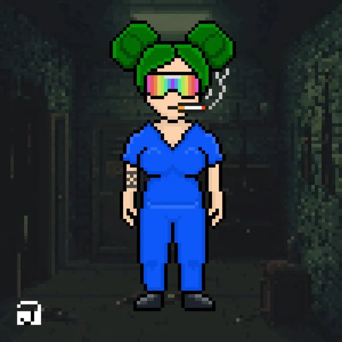A pixel art character with green double-bun hair, rainbow visor glasses, and a cigarette in mouth, wearing blue scrubs, standing in a dark hallway.