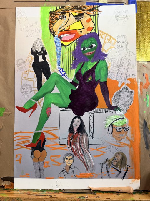 A colorful mixed-media painting on paper features a central green-skinned figure in a purple outfit, surrounded by sketched portraits and painted figures in an expressive, art-school style.