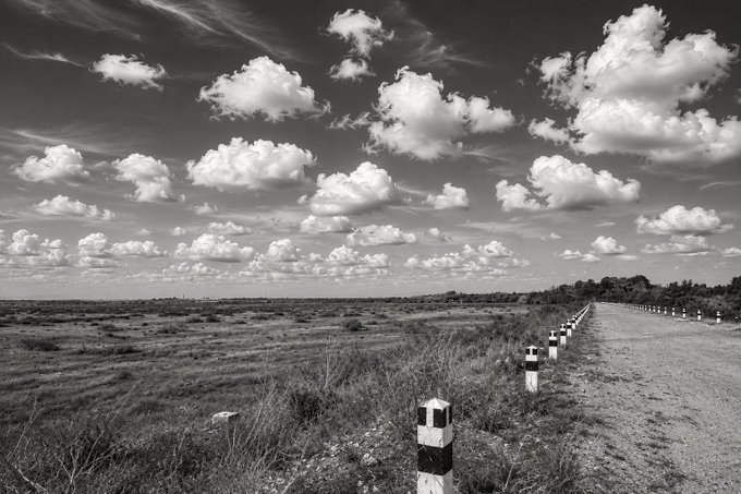 A black and white landscape photograph showing a long dirt road lined with white and black bollards stretching across a vast grassland under a dramatic sky filled with cumulus clouds.