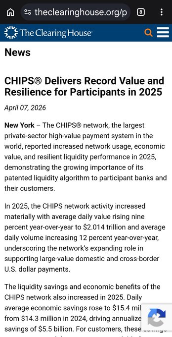 A mobile screenshot from theclearinghouse.org of a news article titled 'CHIPS® Delivers Record Value and Resilience for Participants in 2025', dated April 07, 2026.