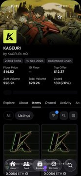 The image shows a Kucoin exchange listing page for the KAGEURI token on Chain, with a 24H volume of $28.2K, listed price of $14.02, and held at 1.8M supply, featuring a samurai-themed banner. This appears to be a screenshot of cryptocurrency trading data shared alongside the user's post, likely referenced to discuss the KAGEURI token project in relation to recent criticism they've received.
