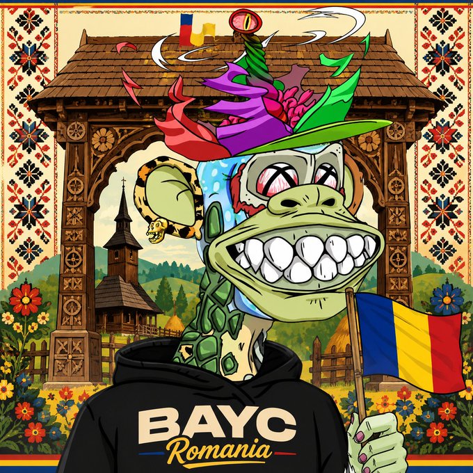 The image features a cartoon monkey wearing a hat that has a flower on it, holding a flag of Romania. The background includes an archway and a church, suggesting that this scene takes place in Romania. The caption for the image reads "Let'S gather BAYC / MAYC owners from Romania We're creating BAYC Romania", indicating that the post is related to BAYC Romania, which is a club for Ape holders.