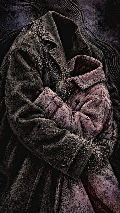 A dark, moody artistic image showing layered coats in black and dusty pink tones arranged against a textured background, creating an abstract fashion composition.
