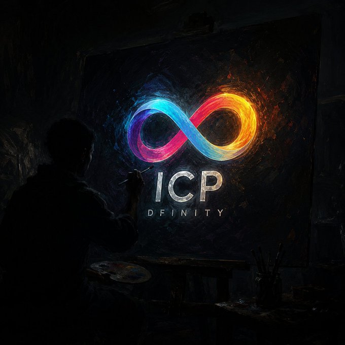 An artist's silhouette painting a vibrant, multicolored infinity symbol on a black canvas, with the text 'ICP DFINITY' below it.