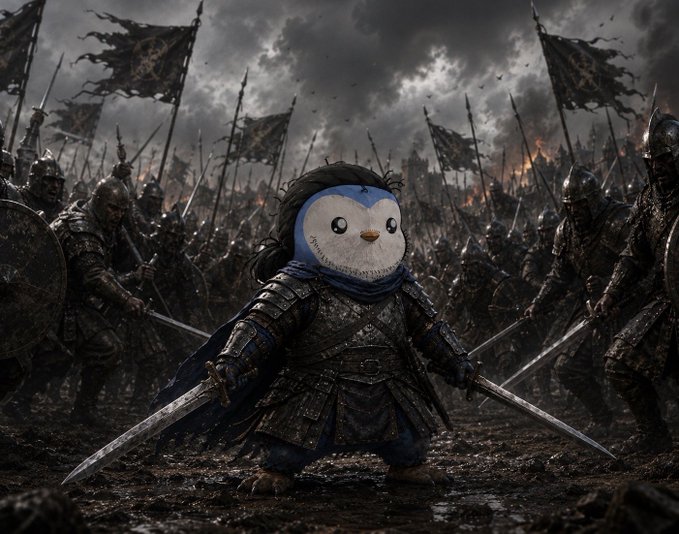 A small, plush bird-like character with a blue hood wields two swords while standing alone in front of a massive army of armored warriors, with the tweet humorously framing the underdog figure as someone facing "whales" in a Blockyz raffle. The dark, dramatic battlefield setting with banners and stormy skies reinforces the David-vs-Goliath sentiment of the post.