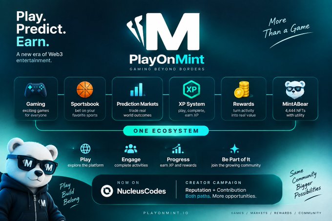 A dark blue marketing infographic for 'PlayOnMint' with the tagline 'Play. Predict. Earn.' and 'More Than a Game,' featuring sections for Gaming, Sportsbook, Prediction Markets, XP System, Rewards, and MintABear, built on the NucleusCodes ecosystem.