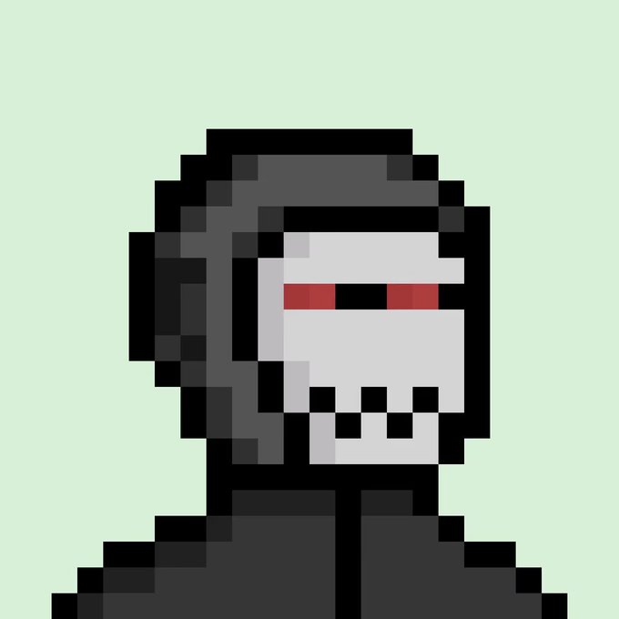 A pixel art portrait of a figure wearing a black helmet and dark clothing, with red glowing eyes visible through the visor, set against a light green background.
