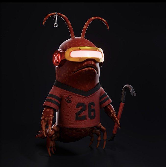 A 3D-rendered red lobster or crustacean character wearing a red sports jersey with the number 26, gold-rimmed VR-style goggles, and holding a red crowbar against a dark background.