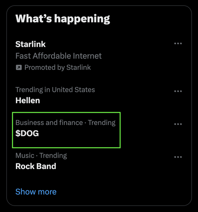 A Twitter 'What's happening' panel highlighting '$DOG' trending under 'Business and finance', with 'Hellen' and 'Rock Band' also shown.