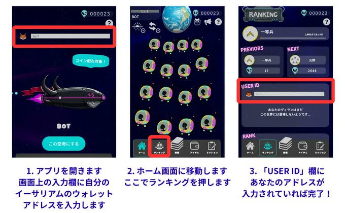 A Japanese tutorial screenshot for a mobile app showing three steps: inputting a wallet address, navigating to the ranking screen, and confirming the USER ID is displayed.