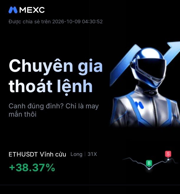 A MEXC cryptocurrency promotional graphic featuring an astronaut figure with the text 'Chuyên gia thoát lệnh' and 'Canh đúng đỉnh? Chỉ là may mắn thôi', advertising ETHUSDT perpetual contract with 31X leverage showing a +38.37% gain.