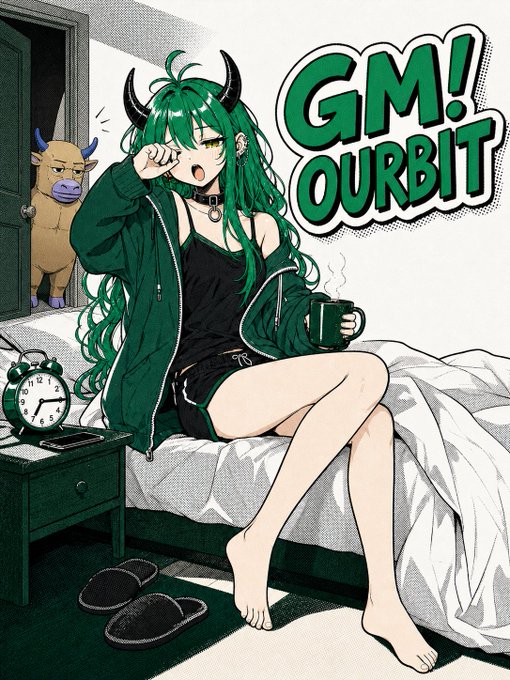 An anime-style illustration featuring a girl with green hair and horns sitting on a bed holding a green mug, accompanied by the text 'GM! OURBIT'.