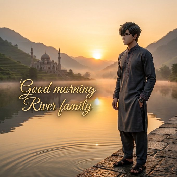 A young man in a dark traditional kurta stands on a stone walkway beside a serene lake at sunrise, with a mosque and misty mountains in the background, accompanied by the text 'Good morning River family'.