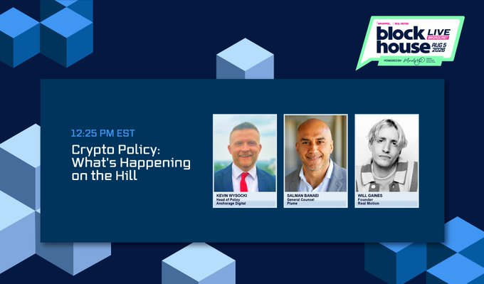 This image shows a "Block House Live Broadcast" panel discussion on "Crypto Policy: What's Happening on the Hill" featuring Kevin Wysocki, Salman Banaei, and Will Gaines. The post highlights the critical need for blockchain policy and the disconnect between reporting and reality on Capitol Hill.