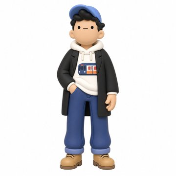 A 3D cartoon figure of a young man wearing a blue cap, white hoodie with American flag badge, black jacket, blue jeans, and brown boots.