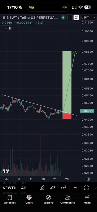 A TradingView chart displays NEWT/USDT perpetual on a 4-hour timeframe with a current price of 0.04601 (+1.19%), featuring a technical analysis projection with a descending trendline breakout and a green shaded bullish target zone extending toward ~0.08500, aligning with the post's bullish forecast and take-profit levels ranging from $0.04825 to $0.09190.