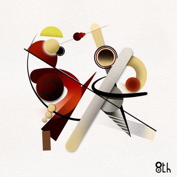 Abstract digital artwork featuring geometric shapes in red, yellow, black, and gray tones, with "8th" displayed in the bottom right corner.
