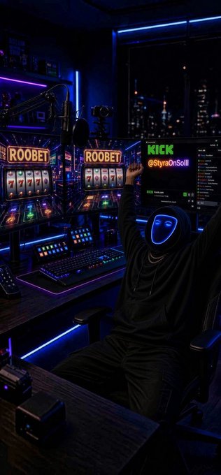 A person in a dark hoodie with a glowing blue mask celebrates with arms raised in a neon-lit gaming setup featuring slot machines labeled 'ROOBET' and a monitor displaying 'KICK StyraOnSoill'.