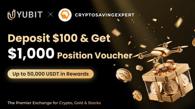 The image features a poster advertising a gold reward program offered by Yubit, which provides a share of 50,000 USDT to new users who deposit $1,000 into the pool within a limited time frame. The poster suggests that this offer is available for new users only and encourages them to sign up at yubit.com/en-US/register in order to take advantage of the reward program.