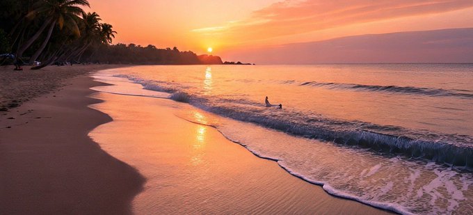A serene tropical beach at sunset with golden light reflecting off gentle waves, palm trees lining the shore, and a lone figure wading in the water. The peaceful, warm-toned scene pairs perfectly with a cheerful "Gm everyone" greeting, evoking a calm, optimistic start to the day.