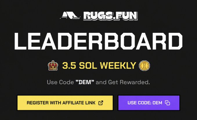 A promotional graphic for Rugs.fun's Leaderboard contest featuring "3.5 SOL WEEKLY" prize pool (1.5 SOL, 1 SOL, 0.5 SOL for top 3 wagers), instructing users to enter with code "DEM" via the affiliate link or registration buttons shown.