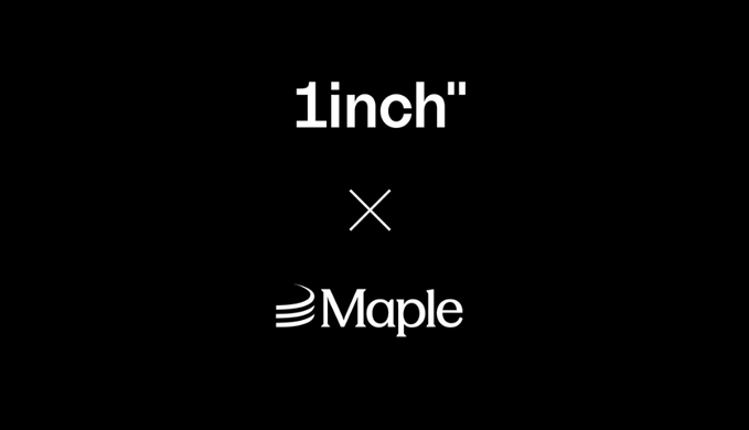 The image displays a partnership announcement graphic with the "1inch" logo above an "×" symbol and the "Maple" logo below, set against a black background. The post announces that Maple's syrupUSDC and syrupUSDT yield-bearing stablecoins are now available for trading on the 1inch decentralized exchange, highlighting how these tokens represent tokenized credit from Maple's institutional lending system.