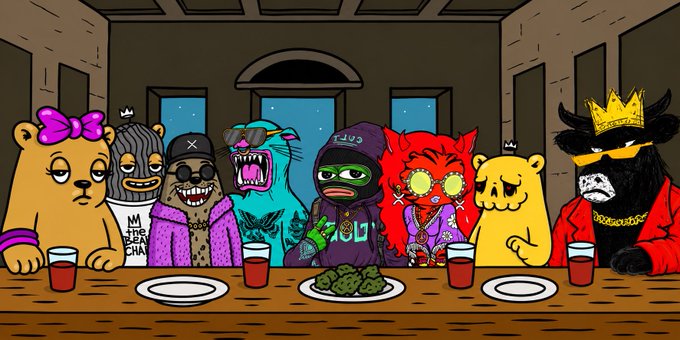 An illustration depicting several anthropomorphic animals, including bears, a tiger, a panther, and a monkey, sitting around a table with drinks and snacks in a cartoonish style.