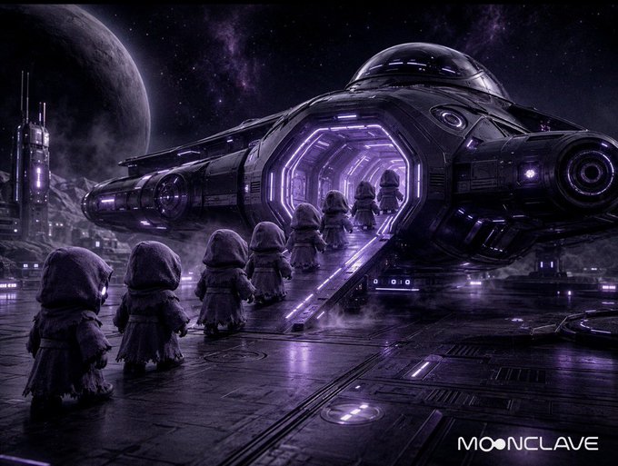 A sci-fi artwork branded 'MOONCLAVE' depicting hooded figures in robes boarding a large, dark futuristic spaceship illuminated with purple light on a planetary surface beneath a starry sky.