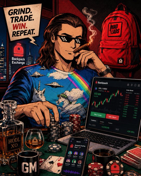 A stylized illustration shows a long-haired figure in pixelated sunglasses smoking a cigar, surrounded by crypto trading paraphernalia—including a laptop displaying SOL/USDC at 172.69 on Backpack, stacks of poker chips, a "HODL XO" whiskey bottle, a "GM" mug, and a MadLads backpack—capturing the post's vibe of grinding, trading on Backpack, vibing with the MadLads community, and playing poker with friends.