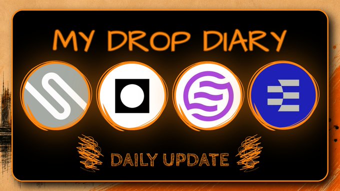 A graphic titled "MY DROP DIARY" featuring four circular crypto token icons (SUIB, ?, SUI-like logo, and a blue logo) above the text "DAILY UPDATE."