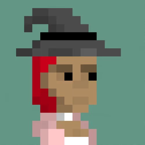 A low-resolution pixel art portrait of a person wearing a black witch hat with red hair against a teal background, representing one of the "Re:Generates" generative NFT collection items that was sold on-chain.