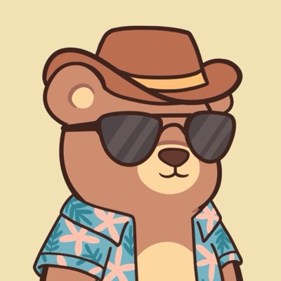 A cartoon illustration of a brown bear wearing sunglasses, a brown cowboy hat, and a blue Hawaiian shirt with pink flowers.