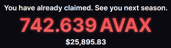 The image displays a reward notification reading "You have already claimed. See you next season," prominently showing "742.639 AVAX" in large red text, equivalent to $25,895.83. It visually represents the prize the poster claims to have won in an NFT trading competition, highlighting the AVAX payout amount referenced in their boast about beating rivals through personal taste and judgment.