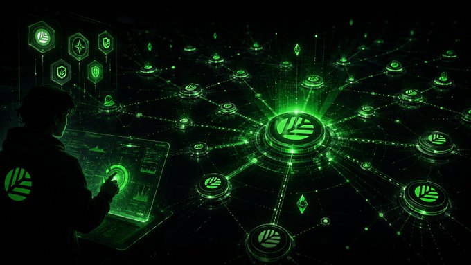 A digital artwork depicting a hooded figure interacting with a holographic green interface, connected to a network of glowing green nodes and symbols on a dark background.