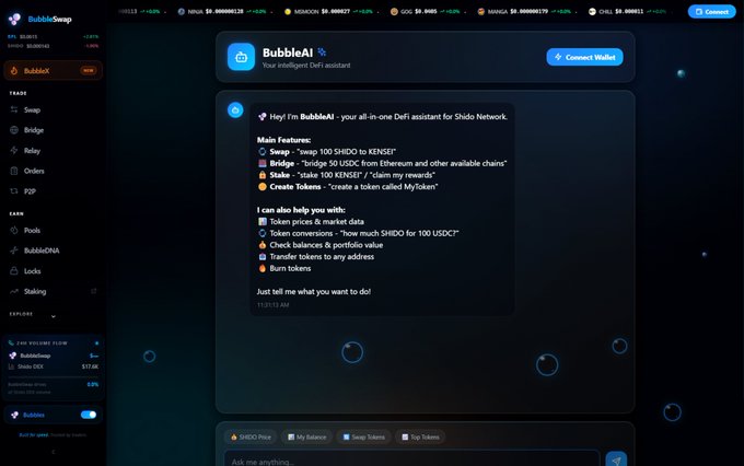 The image shows a computer screen displaying a chat window with a message from BubbleAI, an AI assistant for DeFi trading platforms. The chat window has a blue header that says "Bubble AI" and a blue footer that reads "Sounds revolutionary! BubbleAI makes DeFi effortless with one prompt for swaps, staking, and more on $SHIDO". The message is written in white text against the black background of the chat window.