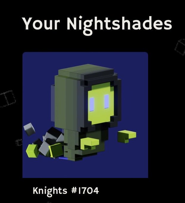 A 3D voxel-style character with a yellow face wearing a dark hooded cloak is displayed on a dark blue background with the text 'Your Nightshades' at the top and 'Knights #1704' at the bottom.