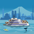 A small illustration of a white passenger ferry on blue water with a small yellow boat nearby, set against a backdrop of a city skyline and a mountain.
