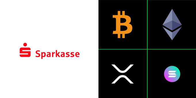 An image showing the red 'Sparkasse' logo on the left, alongside a grid of four cryptocurrency logos on the right: Bitcoin, Ethereum, XRP, and Solana.