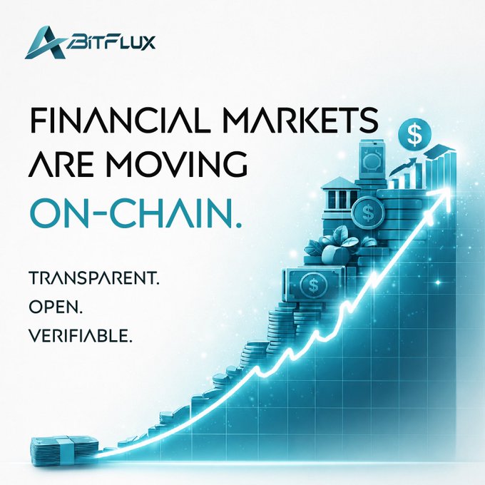 The image shows a visual representation of financial markets, with a blue chart displaying a rise that mimics a price increase or stock gains over time. The text "Financial markets are moving on-chain. Transparent. Open. Verifiable." emphasizes these advantages in cryptocurrency trading and how they differ from traditional systems. This could be related to the post discussing Bitcoin fluctuations and investing strategies, as it explains the differences between digital currency trading approaches compared to more conventional methods of stock trading or real estate investments.