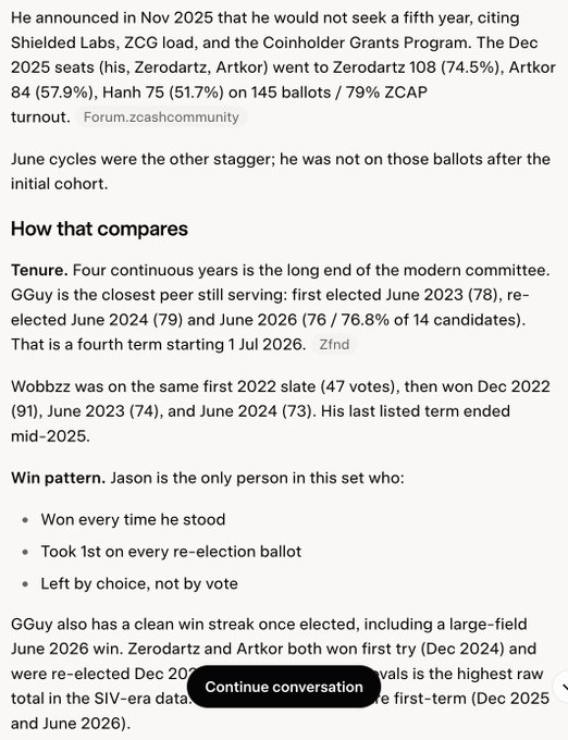 A block of text discussing committee tenures, election results, and re-election patterns referencing Zcash community data, including names like Zerodartz and Artkor.