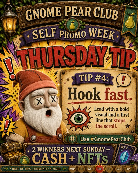 A colorful vintage-style poster titled 'GNOME PEAR CLUB SELF PROMO WEEK' features 'THURSDAY TIP #4: Hook fast.' with advice to lead with a bold visual, alongside a cartoon gnome and prize details of 'CASH + NFTs'.