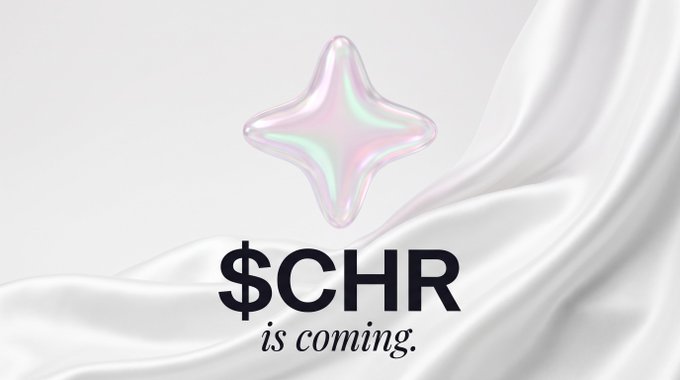 A minimalist promotional graphic on white silk fabric displaying a pink iridescent star-shaped object with the text "$CHR is coming."