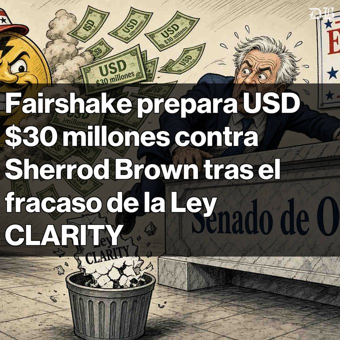 A political cartoon illustration with Spanish text reading 'Fairshake prepara USD $30 millones contra Sherrod Brown tras el fracaso de la Ley CLARITY', showing a politician with US dollar bills floating around.