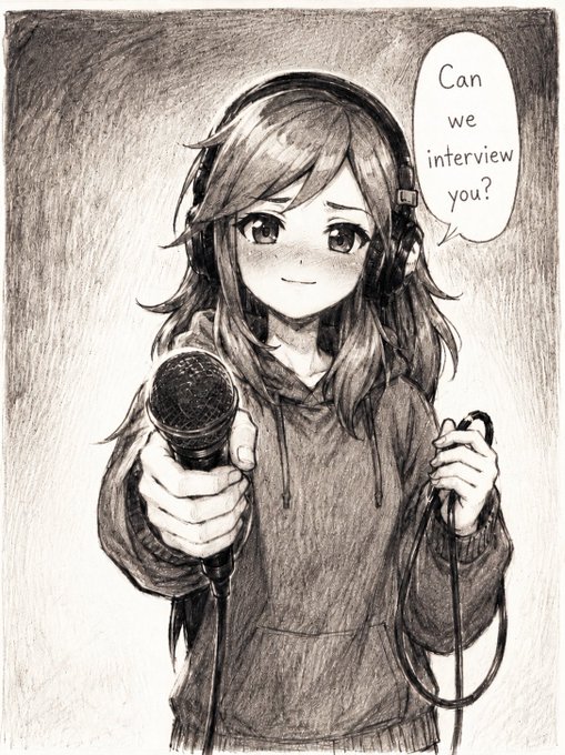 A pencil sketch of a young woman with headphones holding a microphone, with a speech bubble reading "Can we interview you?" The image directly relates to the post's request for quick video interviews with $ansem, $pattyice, and $babyansem airdrop recipients, visually representing the interview format the user is seeking.