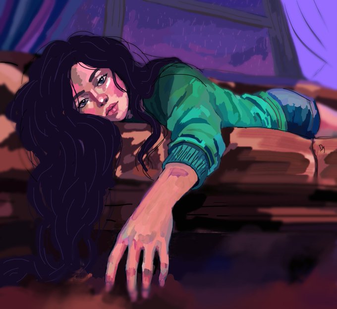The illustration depicts a young woman with long dark hair wearing a teal hoodie, her body stretched across a couch as she reaches a tired, dirt-smudged hand toward the viewer with a weary gaze. The image visually reinforces the caption's theme of exhaustion and perseverance—capturing the quiet, drained moment of someone pausing to gather strength before facing what comes next.