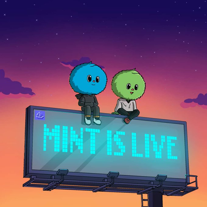 The image features two cartoon characters, a blue one sitting on top of a billboard and a green one sitting below it. The text "mint is live" is displayed above them. The background shows an orange sky with clouds, creating a vibrant atmosphere for the scene. The caption reads "Bradlist (GTD) mint is live for 1hour opensea.io/collection/bra".