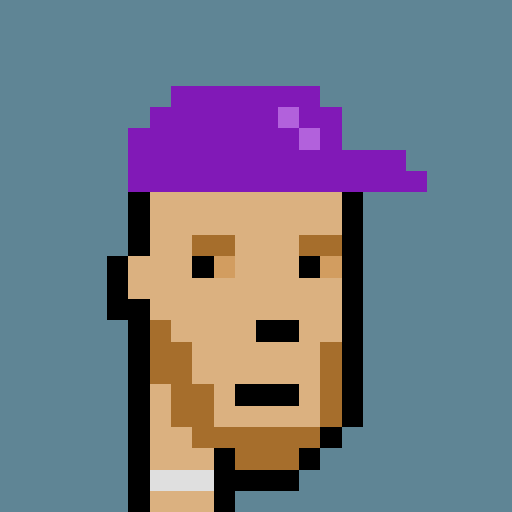 Pixel art portrait of CryptoPunk #5511, a male character with purple cap and brown beard, representing the NFT purchased by dopepunks.eth for 36.44 ETH—below PunkPredictor's 39.2 ETH estimate and resulting in a 19.61 ETH loss for the seller after 2.5 years.